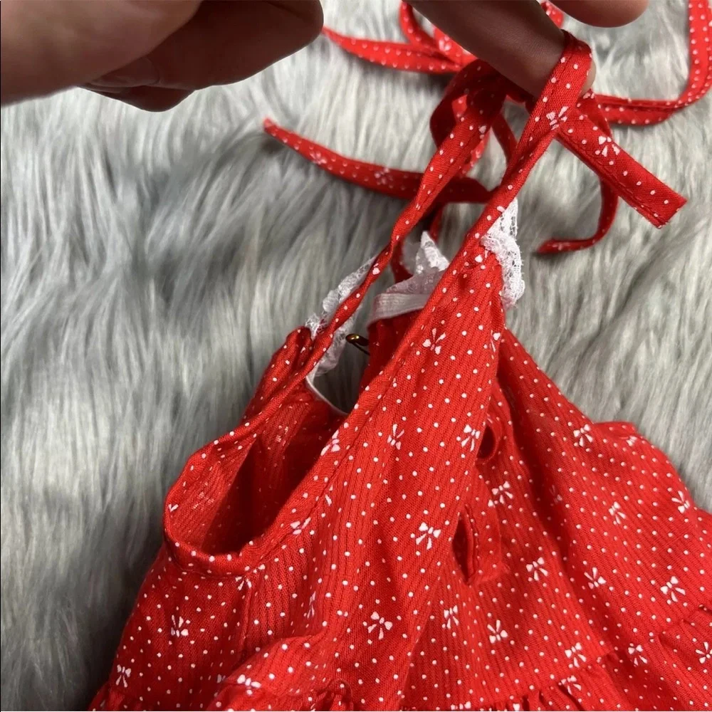 Vintage Baby Girls Red White Floral Lace Ruffle Shoulder Tie Sun Dress